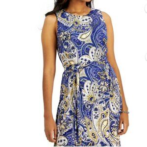 Kasper ROYAL BLUE COMBO Printed Belted Fit & Flare Dress, US 18